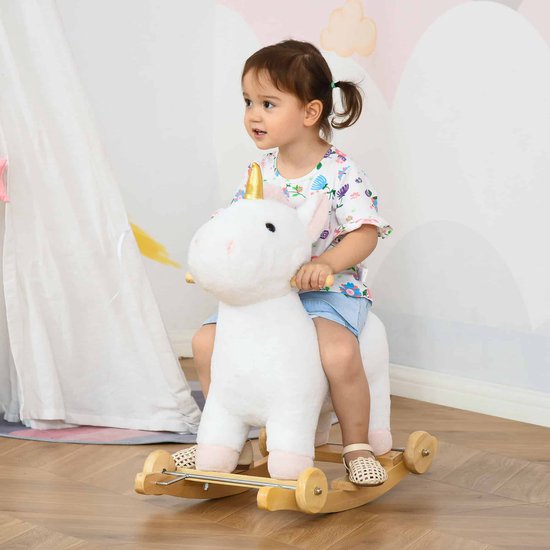 Zaza Home Cheval à Bascule 2 en 1 avec Roues en Peluche Moule Animal Balançoire Jouets pour Enfants de 36 à 72 Mois Nuances PP Plastique Wit 63 x 38 x 63 Cm