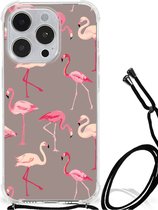 Hoesje met naam iPhone 14 Pro Telefoonhoesje met doorzichtige rand Flamingo