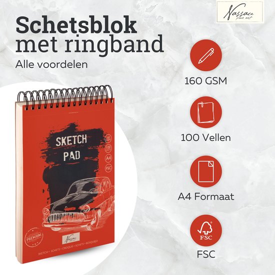 Rood schetsboek met klassieke auto, met specificaties: 160 GSM, 100 vellen, A4, FSC.