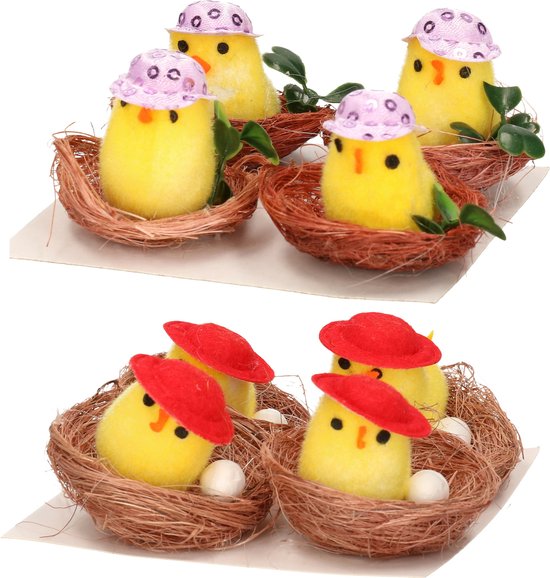 Paaskuikentjes in mand - 8x stuks - 4 cm - 2 varianten - paasversiering