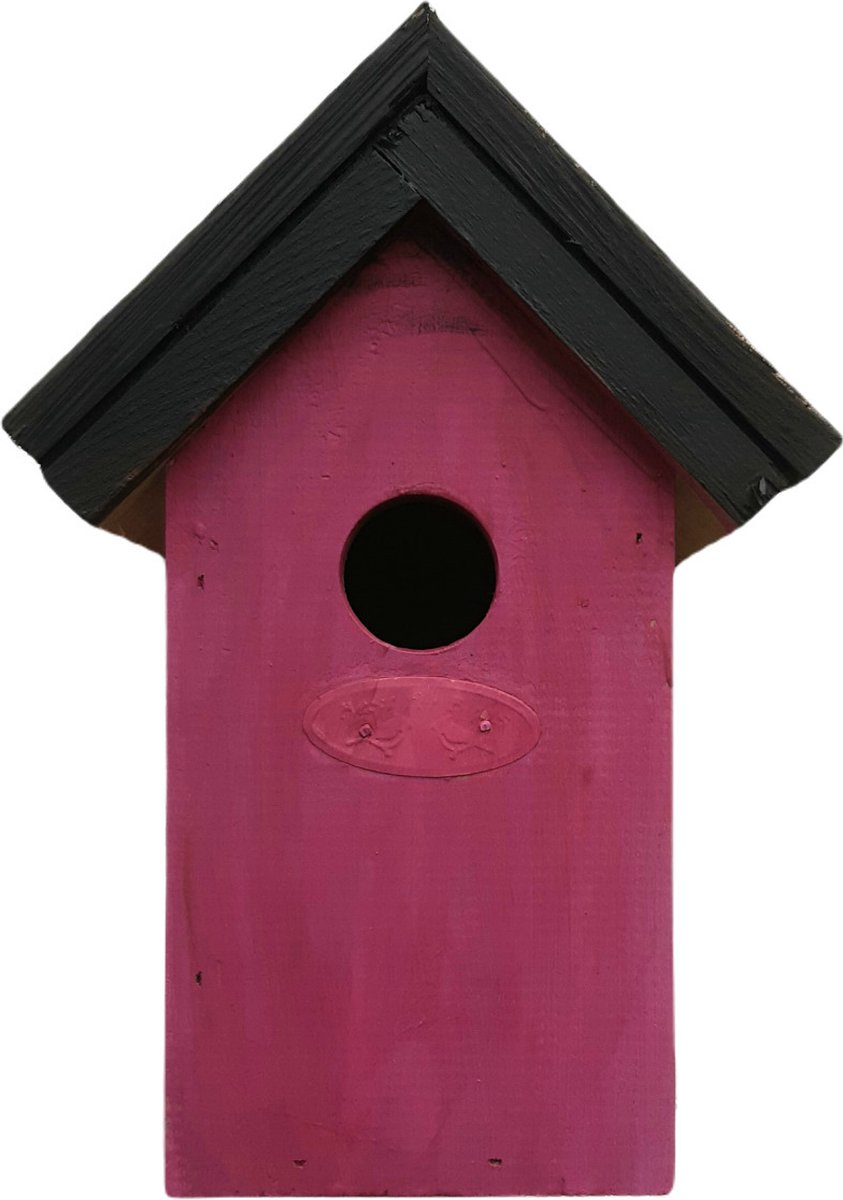 Houten vogelhuisje/nestkastje 22 cm - in het zwart/roze maken - Dhz schilderen pakket - 2x tubes verf en kwasten