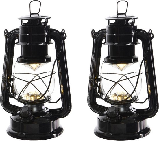 Lumineo Stormlantaarn - set 2x - LED licht - zwart - 24 cm - Campinglamp/campinglicht