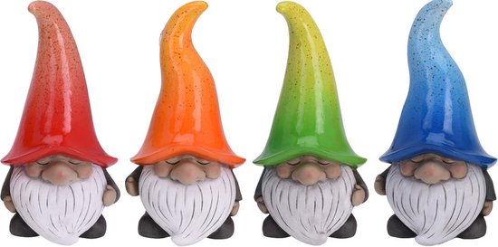 Tuinkabouters - 4x - polystone - 23 cm - gnooms met mutsen - Tuinbeelden - Tuindecoratie kabouters