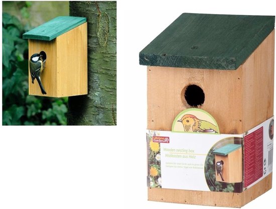Houten vogelhuisje/nestkastje met groen dak 22 cm - Vogelhuisjes tuindecoraties - Lifetime Garden