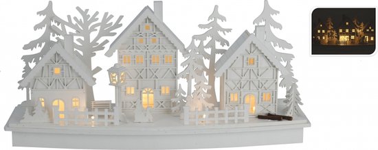 Houten kerstdorp wit met licht type 2