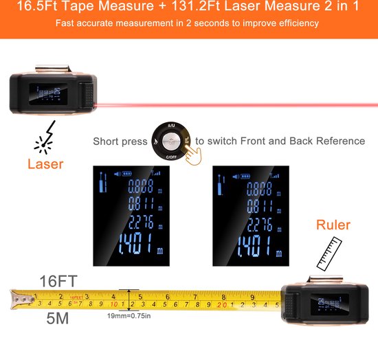 3 en 1 Ruban à mesurer laser Distance mètre 5 Mètre Bande infrarouge Haute  Précision Smart Règle électronique