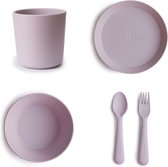 Mushie de vaisselle Mushie |Set assiette + tasse + Kom+ fourchette et cuillère|5 pièces|ou lilas |Vaisselle pour enfants|SALOPETTE|Couverts|Assiette|Tasse|Tasse | Bol