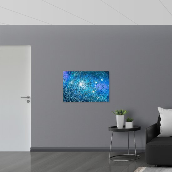 PVC Schuimplaat - School Vissen in een Groot Aquarium - 90x60 cm Foto op PVC Schuimplaat (Met Ophangsysteem)