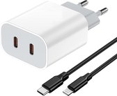 Snellader Adapter + 1 Meter Nylon USB C Kabel geschikt voor Apple iPad, iPhone - USB C Lader - 2 Poorten USB-C
