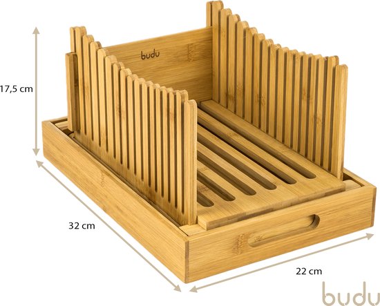 Bamboe broodsnijder met verstelbare zijkanten en kruimellade, afmetingen 32x22x17,5cm.