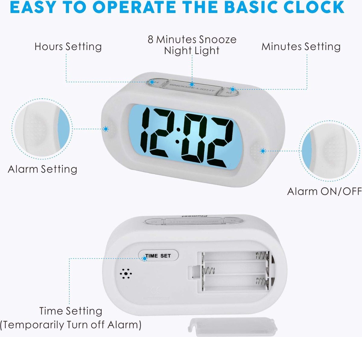 Digitale Wekker Klok - 12uurs - Werkt Op Batterijen - Makkelijk Instelbaar Alarm met Snooze en licht Functie - Kinderwekker Reiswekker - Digitale LED Klok/Wekker - Trendy Wekker Met Snooze functie - Stevige Alarmklok - WIT — cadeau in Elektronica - foto 3
