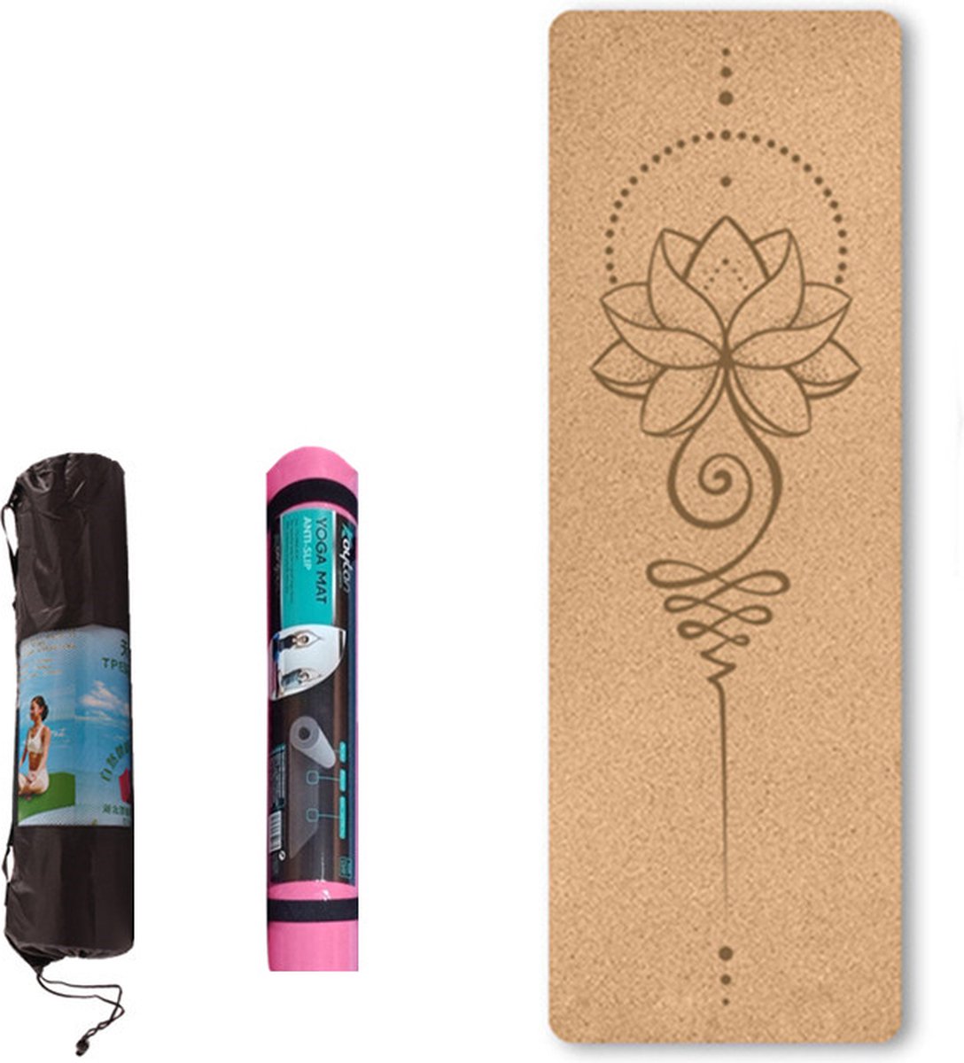 TDR - Yoga mat - Natuurlijk kurk en TPE - vrij van schadelijke stoffen hypoallergeen en 100% (biologisch) afbreekbaar - zeer geschikt voor Yin Yoga en Kundalini Yoga met draagtas en draagband- 183x66x05 cm - lotus