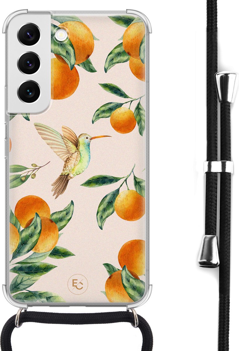 Hoesje met koord geschikt voor Samsung Galaxy S22 - Tropical fruit - Inclusief koord - Crossbody beschermhoes - Transparant, Oranje - ELLECHIQ
