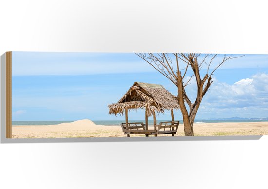 Hout - Hutje bij Dode Boom op Strand bij de Zee - 90x30 cm - 9 mm dik - Foto op Hout (Met Ophangsysteem)