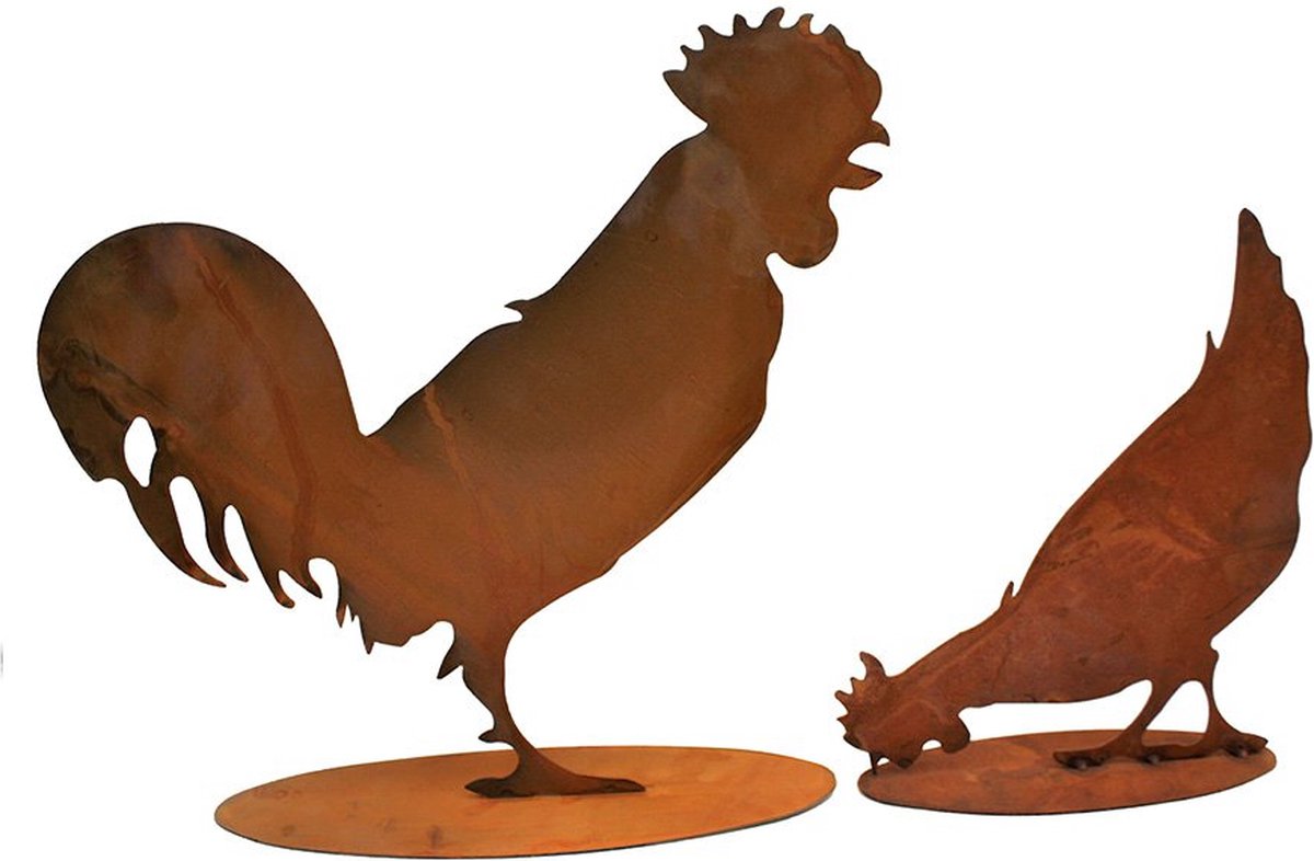 Rostikal Roestmetalen Hen en Haan – Set van 2 – Tuindecoratie met Patina