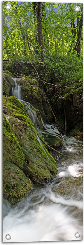 Tuinposter – Kleine Watervallen Stromend in Riviertje in het Bos - 30x90 cm Foto op Tuinposter (wanddecoratie voor buiten en binnen)