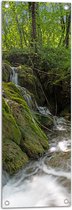 Tuinposter – Kleine Watervallen Stromend in Riviertje in het Bos - 30x90 cm Foto op Tuinposter (wanddecoratie voor buiten en binnen)