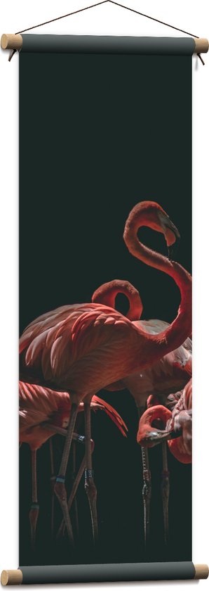 Textielposter - Groepje Flamingo's met Zwarte Achtergrond - 30x90 cm Foto op Textiel