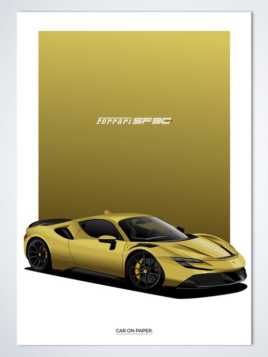 Ferrari SF90 Geel op Poster - 50 x 70cm - Auto Poster Kinderkamer / Slaapkamer / Kantoor