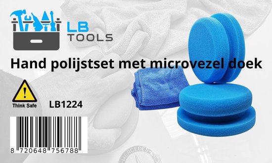 Hand polijstset LB1224 met 2 blauwe polijstpads, een blauw microvezeldoek en het LB TOOLS logo.