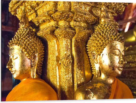 Dibond - Pilaar met Gouden Boeddha's en Details - 80x60 cm Foto op Aluminium (Wanddecoratie van metaal)