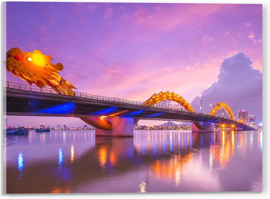 Acrylglas - Paarse Lucht boven Verlichte Dragon brug in Da Nang, Vietnam - 40x30 cm Foto op Acrylglas (Wanddecoratie op Acrylaat)