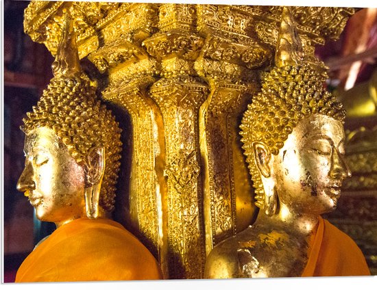 PVC Schuimplaat- Pilaar met Gouden Boeddha's en Details - 80x60 cm Foto op PVC Schuimplaat