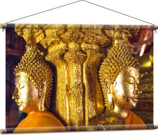 Textielposter - Pilaar met Gouden Boeddha's en Details - 90x60 cm Foto op Textiel