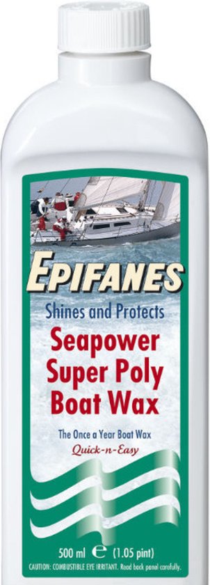 Witte fles Epifanes Seapower Super Poly Boot Wax 500ml met afbeelding van een zeilboot.