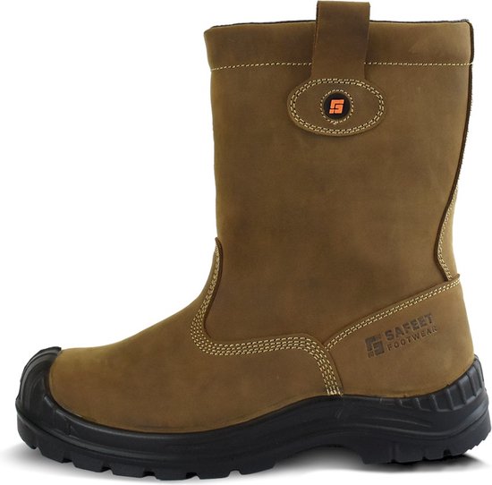 Bruine Safefeet Lucca S3 veiligheidslaars met zwarte zool en oranje logo.