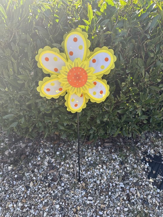 Windmolen met bloem - geel met stipjes - nylon + kunststof steker- dia 29 cm x hoogte 55 cm - Tuinaccessoires - Tuinstekers
