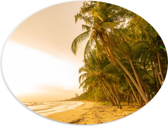 PVC Schuimplaat Ovaal - Kokosnoot Palmbomen aan het Strand tijdens Felle Zonsopkomst - 40x30 cm Foto op Ovaal (Met Ophangsysteem)