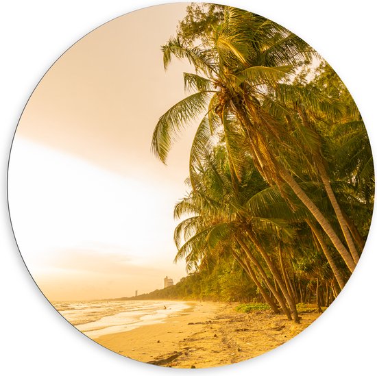 Dibond Muurcirkel - Kokosnoot Palmbomen aan het Strand tijdens Felle Zonsopkomst - 120x120 cm Foto op Aluminium Muurcirkel (met ophangsysteem)