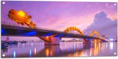 Tuinposter – Paarse Lucht boven Verlichte Dragon brug in Da Nang, Vietnam - 100x50 cm Foto op Tuinposter (wanddecoratie voor buiten en binnen)