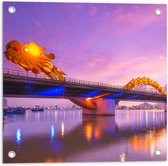 Tuinposter – Paarse Lucht boven Verlichte Dragon brug in Da Nang, Vietnam - 50x50 cm Foto op Tuinposter (wanddecoratie voor buiten en binnen)