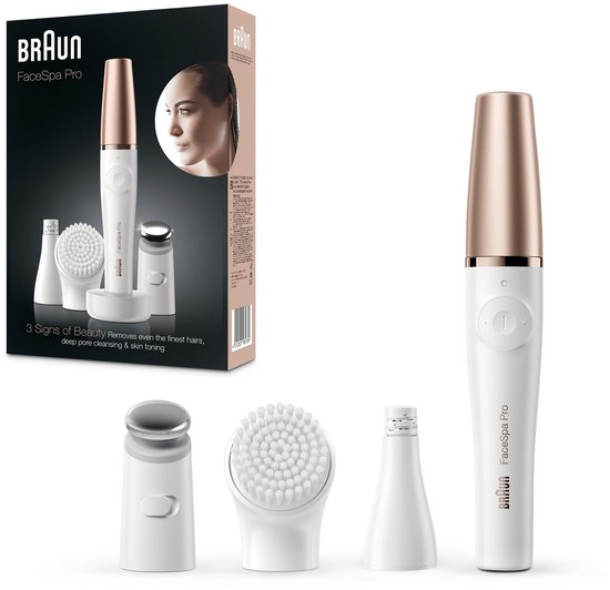 Braun FaceSpa Pro met accessoires: apparaat, opzetborstel, opzetstuk en houder. Doos met afbeelding van het apparaat en gezicht.