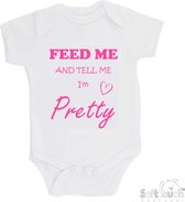 100% katoenen Romper "Feed me and tell me I'm pretty" Meisjes Katoen Wit/roze Maat 56/62