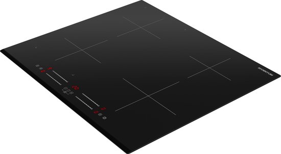 Zwarte Inventum inductiekookplaat met 4 kookzones en digitale bediening.