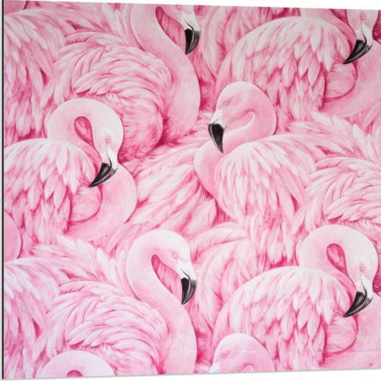 WallClassics - Dibond - Patroon van Roze Flamingo's - 80x80 cm Foto op Aluminium (Wanddecoratie van metaal)