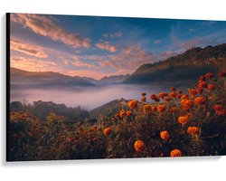 Canvas - Oranje Bloemenveld boven Wolkendek op Bergen - 120x80 cm Foto op Canvas Schilderij (Wanddecoratie op Canvas)