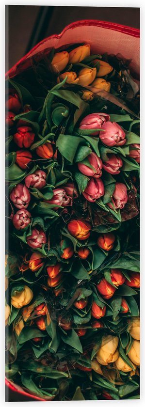 Acrylglas - Groot Tulpenboeket in Rode Tas - 20x60 cm Foto op Acrylglas (Wanddecoratie op Acrylaat)