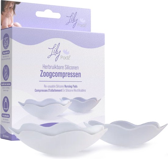 Doosje Lily Padz zoogcompressen, met twee witte compressen ernaast. Icons links met uitleg.