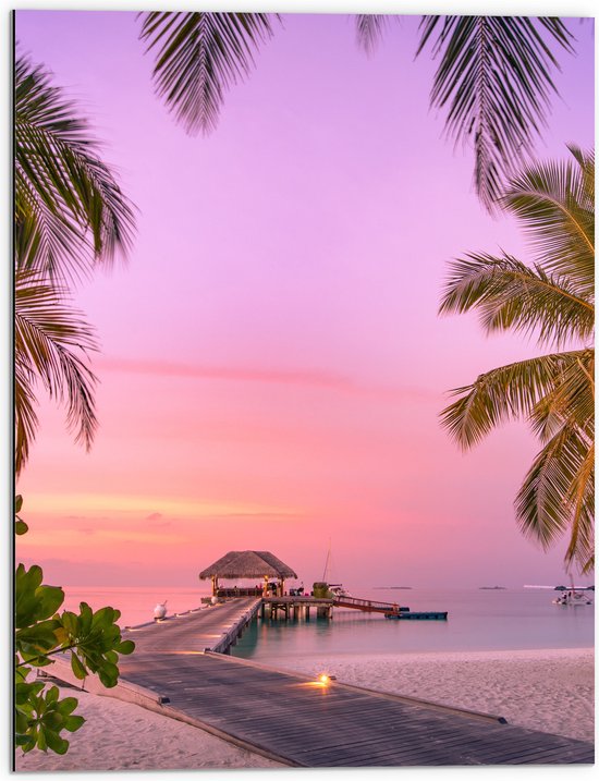 Dibond - Maledieven Resort op het Water met Pastelkleurige Lucht - 60x80 cm Foto op Aluminium (Met Ophangsysteem)