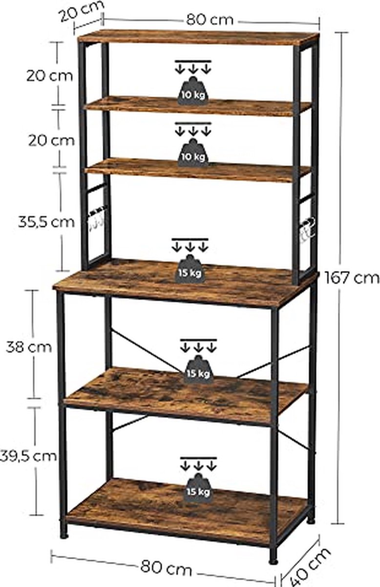 keukenplank - Staand rek met planken - Met 6 haken - Metalen frame, Industrieel ontwerp