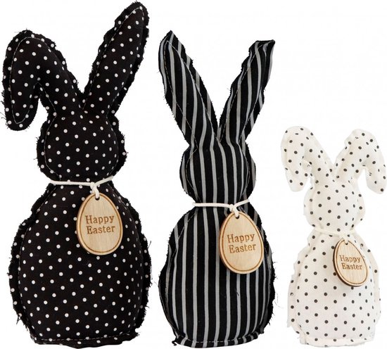 Decoratieve konijntjes in stof - Zwart & Wit - Konijnen trio - Set van 3 stuks