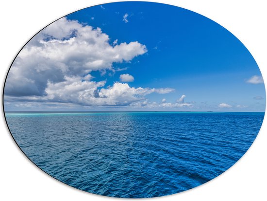 Dibond Ovaal - Blauwe Oceaan met Bewolkte en Open lucht - 68x51 cm Foto op Ovaal (Met Ophangsysteem)