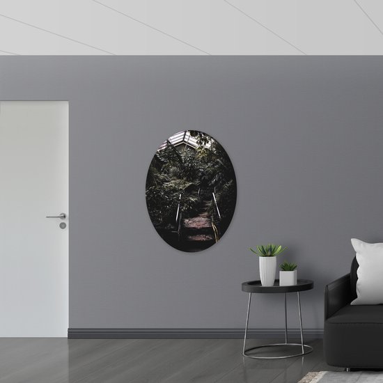 WallClassics - Plaque de Mousse PVC Ovale - Petit Escalier en Serre Envahie - 81x108 cm Photo sur Ovale (Avec Système d'accrochage)