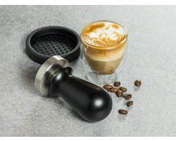 Buddy´s Bar - Barista Edition, premium tamper, koffiecompressor Ø 58 mm base, H: 10 cm, roestvrij staal, espresso stempel voor 58 mm zeefhouder, koffiestamper met siliconenmat, zwart handvat