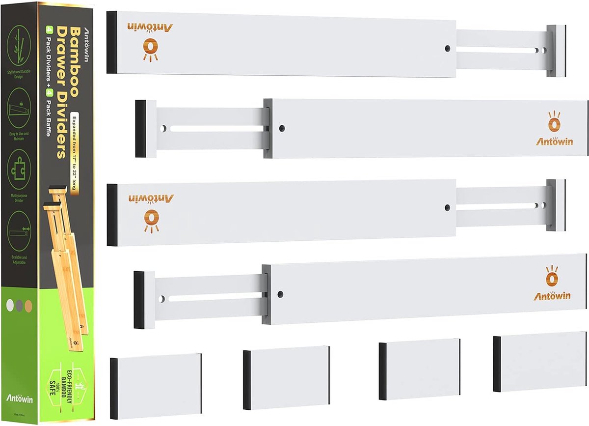 ANTOWIN Ladeverdeler, verstelbaar, bamboe (43-56 cm), lade-organizer, geveerd, keuken, commode, badkamer, slaapkamer, babylade, bureau opbergsysteem (wit)
