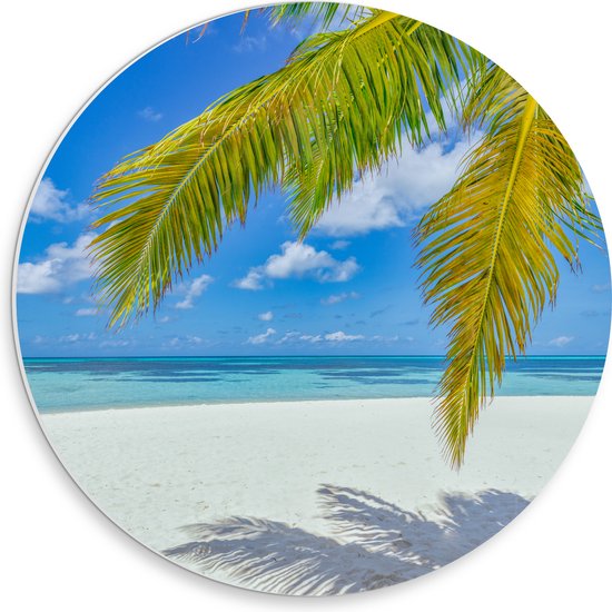 PVC Schuimplaat Muurcirkel - Palmbladeren Hangend voor Tropisch Eiland met Breed Strand - 30x30 cm Foto op Muurcirkel (met ophangsysteem)